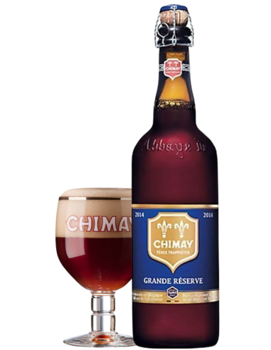 botella 75cl de cerveza de marca CHIMAY - AZUL con copa, estilo Belgian Strong Dark Ale