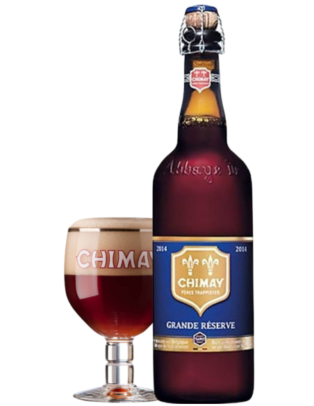 botella 75cl de cerveza de marca CHIMAY - AZUL con copa, estilo Belgian Strong Dark Ale