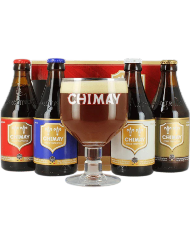 pack 4x33cl de cerveza de marca CHIMAY con copa