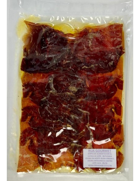 RUA GOURMET - CECINA DE VACA EXTRA CURADA EXTRA VIRGIN OLIVE OIL Carne de vaca curada CECINA LONCHEADA - Cerca de 200g.