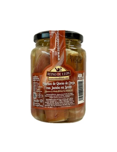 REINO DE LEÓN - PINCHOS DE QUESO DE OVEJA CON JAMON EN ACEITE 14 unidades - 465g